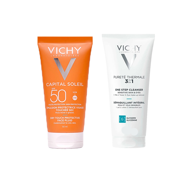 پک ضد آفتاب ویشی پوست چرب Capital Soleil SPF50+شیر پاک کن ویشی مدل پیورترمال ۳ در ۱